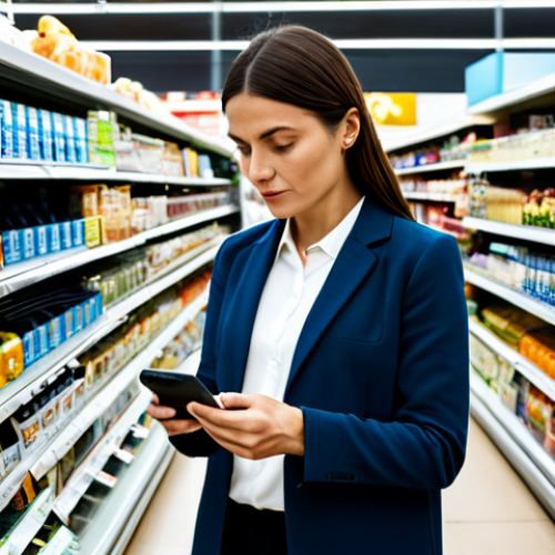 Home 11 A focused, professional woman in her 30s, dressed in a modest, smart casual outfit, standing in a brightly lit French supermarket aisle. She holds a smartphone in one hand, scanning a product label, with a slight furrow in her brow indicating deep concentration as she reads the ingredients. The shelves behind her are filled with various packaged goods, some displaying visible certification logos. The scene emphasizes consumer awareness and the act of scrutinizing product information. Perfect anatomy, correct proportions, well-formed hands, natural pose, proper finger count, natural body proportions, high-quality professional photography. Safe for work, appropriate content, fully clothed, modest clothing, family-friendly.