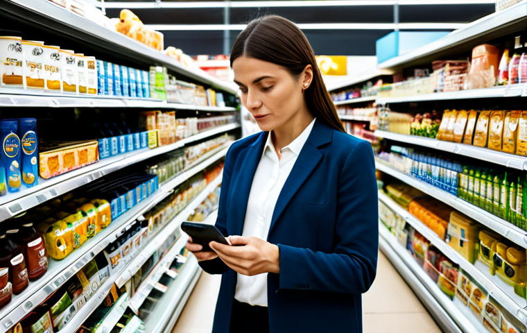 A focused, professional woman in her 30s, dressed in a modest, smart casual outfit, standing in a brightly lit French supermarket aisle. She holds a smartphone in one hand, scanning a product label, with a slight furrow in her brow indicating deep concentration as she reads the ingredients. The shelves behind her are filled with various packaged goods, some displaying visible certification logos. The scene emphasizes consumer awareness and the act of scrutinizing product information. Perfect anatomy, correct proportions, well-formed hands, natural pose, proper finger count, natural body proportions, high-quality professional photography. Safe for work, appropriate content, fully clothed, modest clothing, family-friendly.