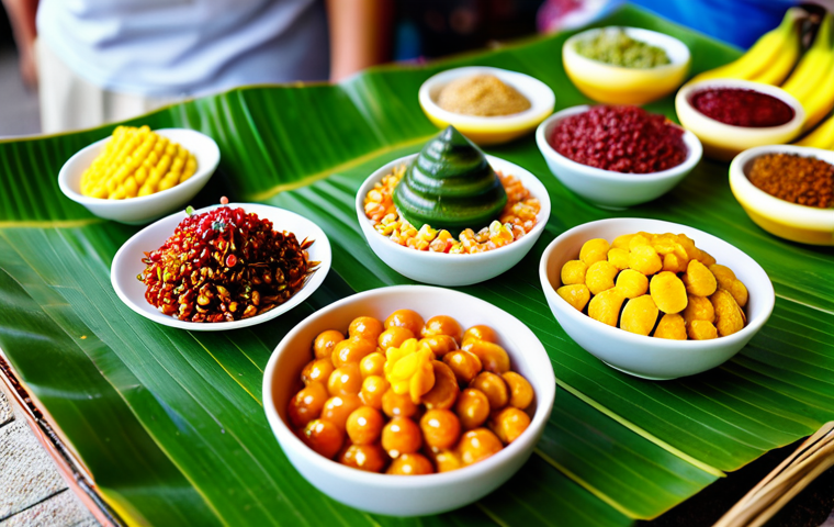 A beautifully composed arrangement of traditional Thai 'Luk Chup' desserts, miniature fruit and vegetable shapes made from mung bean paste, vibrant and detailed. They are artfully displayed on a banana leaf-lined plate at a clean, bustling Thai market stall. The background features a soft blur of other colorful 'kanom' and the lively market atmosphere. Natural lighting, professional food photography, high resolution, crisp focus, perfect anatomy, correct proportions, well-formed hands, natural body proportions, safe for work, appropriate content, fully clothed, modest, family-friendly.