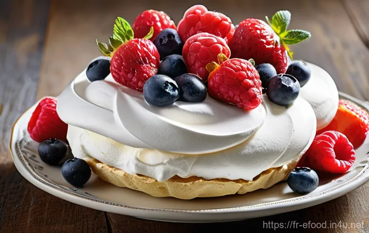 뉴질랜드 디저트 파블로바 - **Prompt: Classic Summer Berry Pavlova**
    A visually stunning, classic Pavlova as a centerpiece, ...