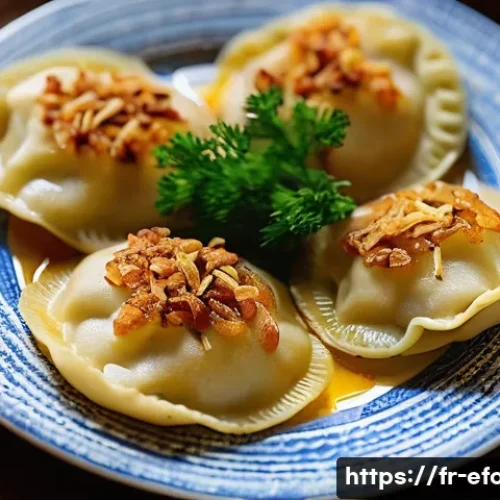 폴란드 요리 피에로기 - **Prompt for Classic Pierogi Ruskie:**
    "A close-up, top-down shot of a beautifully arranged plat...