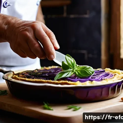 그리스 전통 요리 무사카 - A close-up shot of an experienced chef's hands, in a warm, rustic Mediterranean kitchen, delicately ...