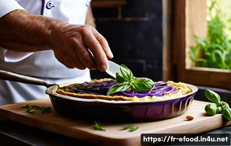 그리스 전통 요리 무사카 - A close-up shot of an experienced chef's hands, in a warm, rustic Mediterranean kitchen, delicately ...