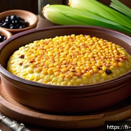 칠레 전통 요리 파스텔 데 초클로 - A rustic kitchen scene featuring a traditional Chilean pastel de choclo baking in a clay gratin dish...
