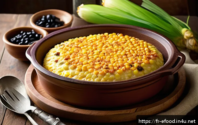 칠레 전통 요리 파스텔 데 초클로 - A rustic kitchen scene featuring a traditional Chilean pastel de choclo baking in a clay gratin dish...