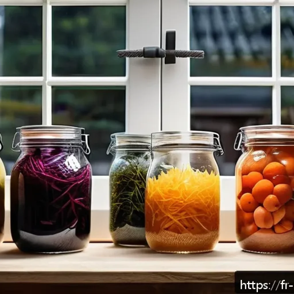 북유럽 발효음식 소개 - A rustic Nordic kitchen scene featuring traditional fermentation jars made of glass and ceramic, fil...