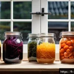 북유럽 발효음식 소개 - A rustic Nordic kitchen scene featuring traditional fermentation jars made of glass and ceramic, fil...