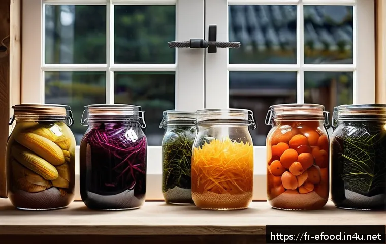 북유럽 발효음식 소개 - A rustic Nordic kitchen scene featuring traditional fermentation jars made of glass and ceramic, fil...