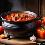 헝가리 요리 파프리카시 - A rustic kitchen scene featuring a traditional Hungarian goulash simmering in a heavy cast iron pot ...