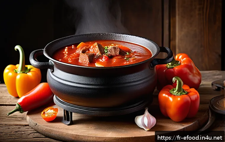 헝가리 요리 파프리카시 - A rustic kitchen scene featuring a traditional Hungarian goulash simmering in a heavy cast iron pot ...