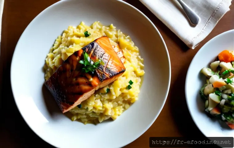 글로벌 퓨전 음식 트렌드 - Photorealistic overhead view of a refined global fusion meal on a sunlit Parisian bistro table: miso...